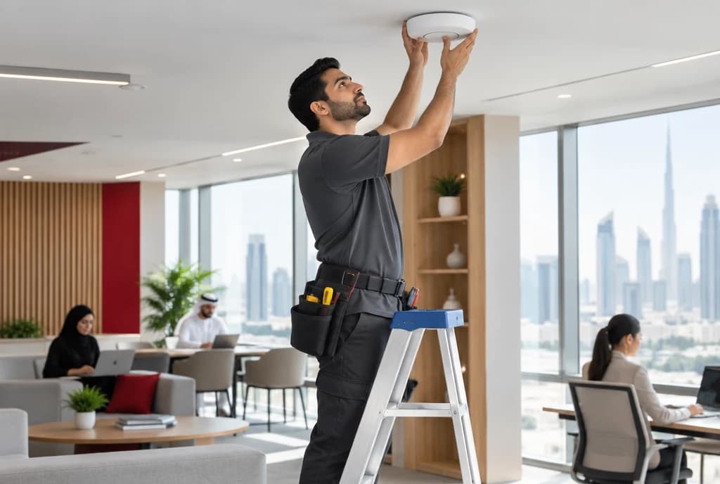 SASA technician installing a ceiling Wi-Fi access point